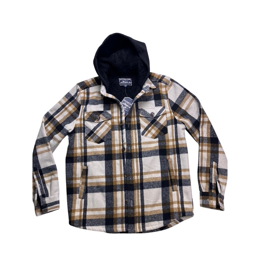 Distortion Plaid Hooded‎ Flannel Jacket Mens Size M Tan Black White New 5JK2541M